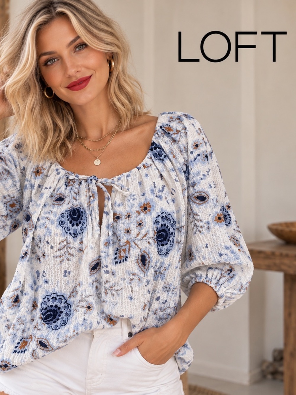 🌸LOFT Blue & White Floral Peasant Blouse size M Boho Resort Coastal